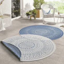 Dubbelzijdig Buitenkleed Porto Rond - Blauw/Creme