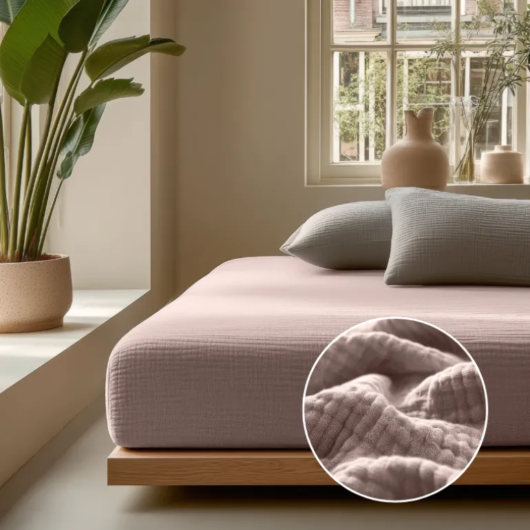 Hoeslaken Katoen Mousseline - Roze