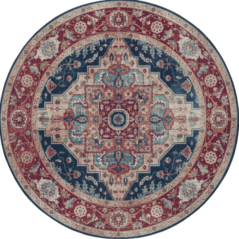 Vintage Vloerkleed Sylla Rond - Rood/Blauw