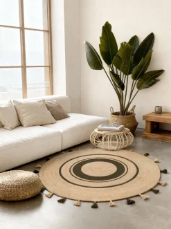 Vloerkleed Basil Rond - Natuur Goud Groen