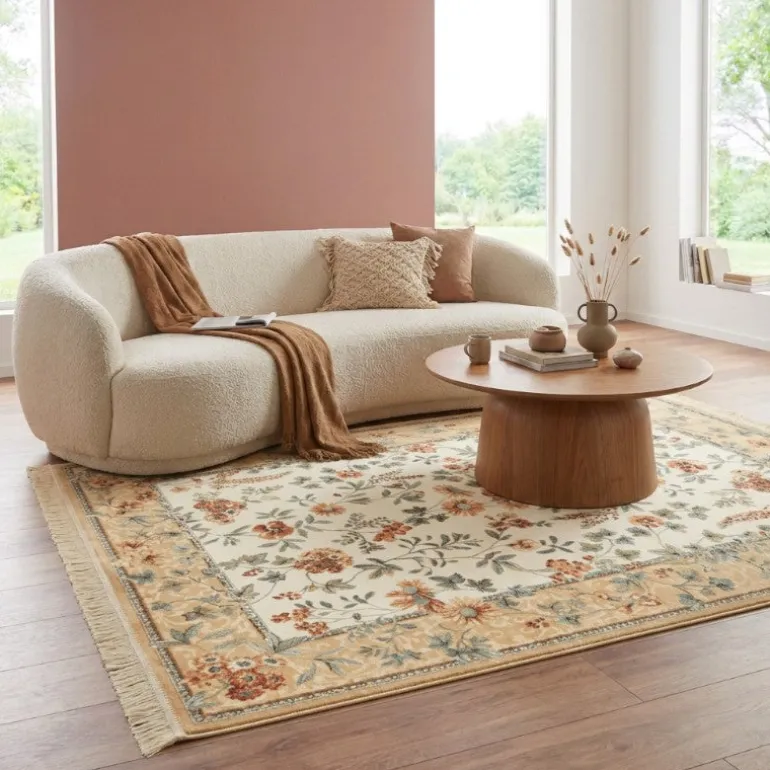 Vloerkleed Oriental Flowers - Geel/Crème